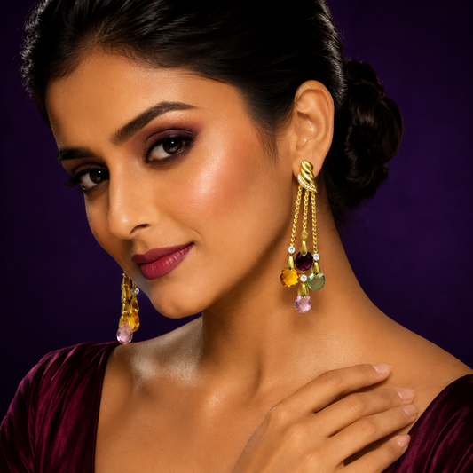 Designer Gold Finish Earrings with Multicolor CZ Stone Drops