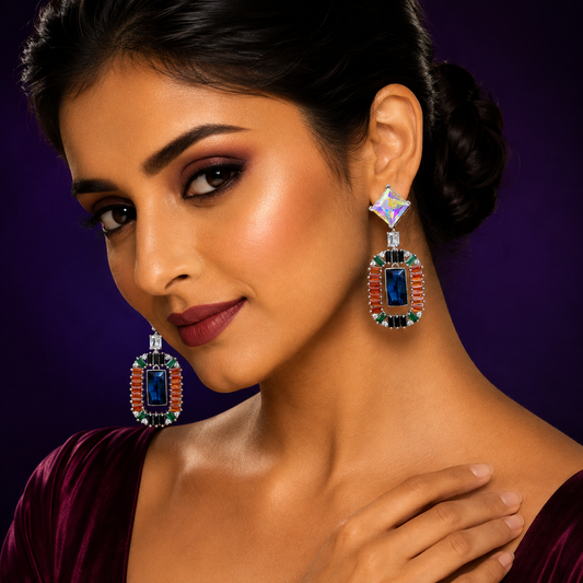 Colorful swarovski Statement Earrings with Blue Center Stone