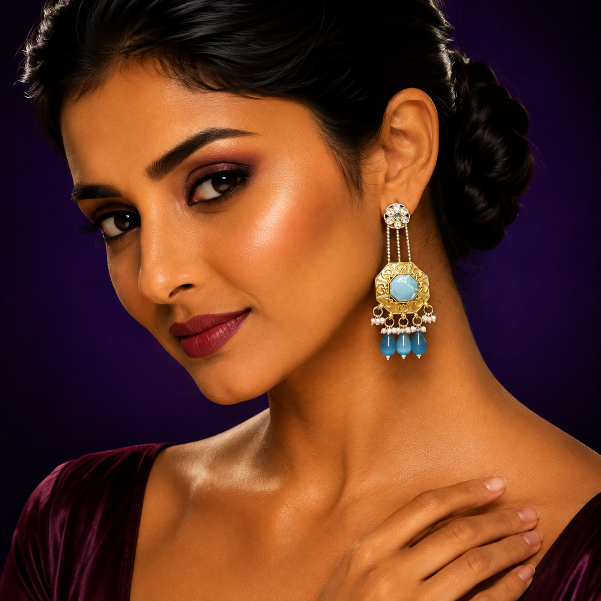 Designer Dual Tone Earrings with Blue Crystal and Beaded Drops