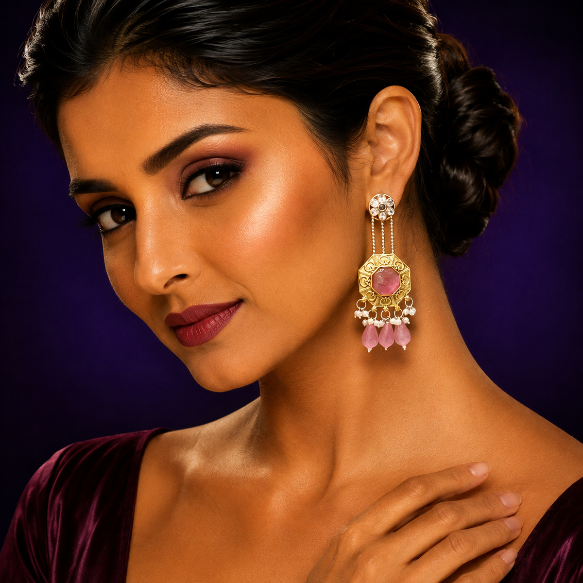 Designer Dual Tone Earrings with Pink Crystal and Beaded Drops