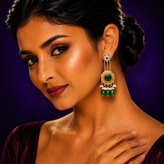 Designer Dual Tone Earrings with Green Crystal and Beaded Drops