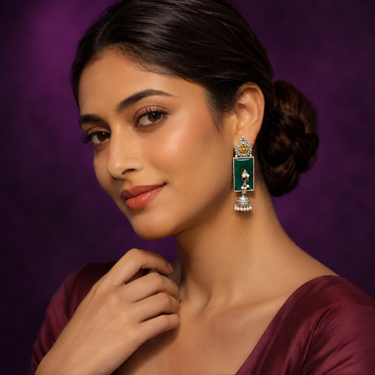 Silver Rectangle Earrings with Green Enamel, Kundan Work & Pearl Jhumka Drops