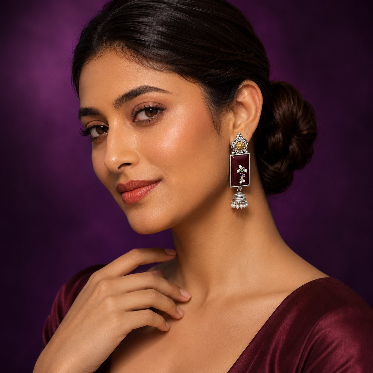 Silver Rectangle Earrings with Red Enamel, Kundan Work & Pearl Jhumka Drops