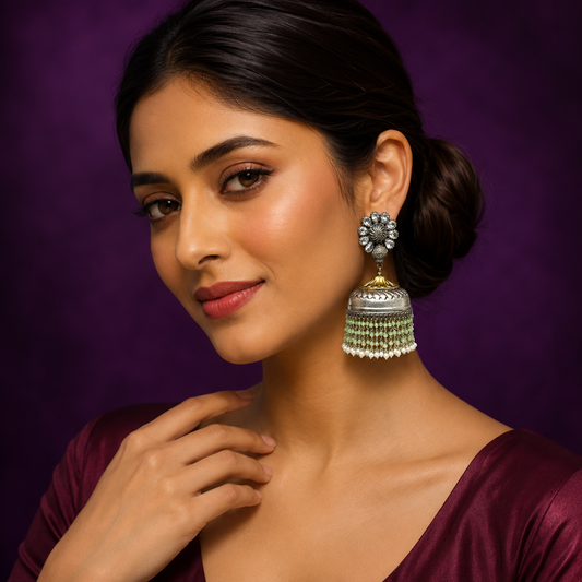 Oxidized Silver Big Jhumka Earrings with Green Beads & Pearl Drops