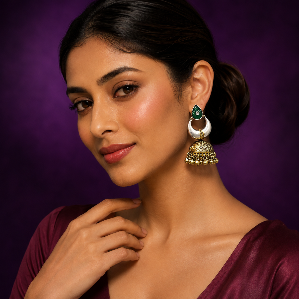 Dual Tone Oxidized Silver & Brass Jhumka Earrings with Green Stone