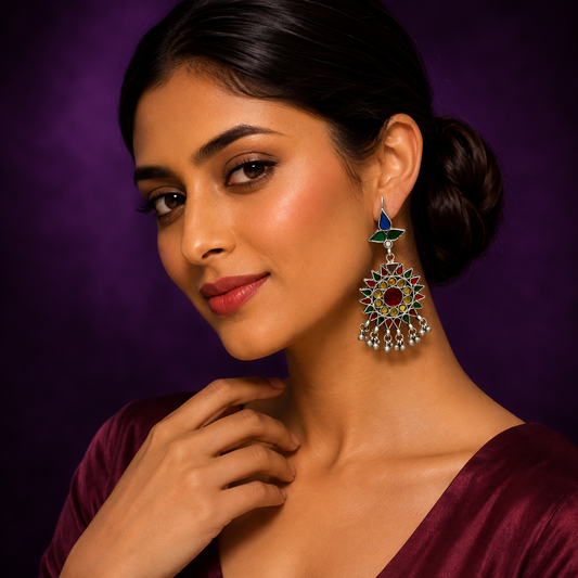 Handmade Afghani Glass Work Statement Earrings with Silver Bells
