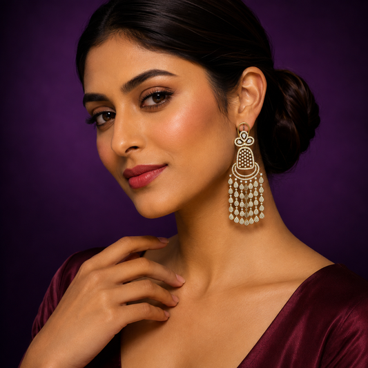 Gold Plated Tassel Drop Earrings with CZ Stone
