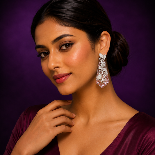 Floral Leaf Pink Statement Earrings with CZ Stone For Women