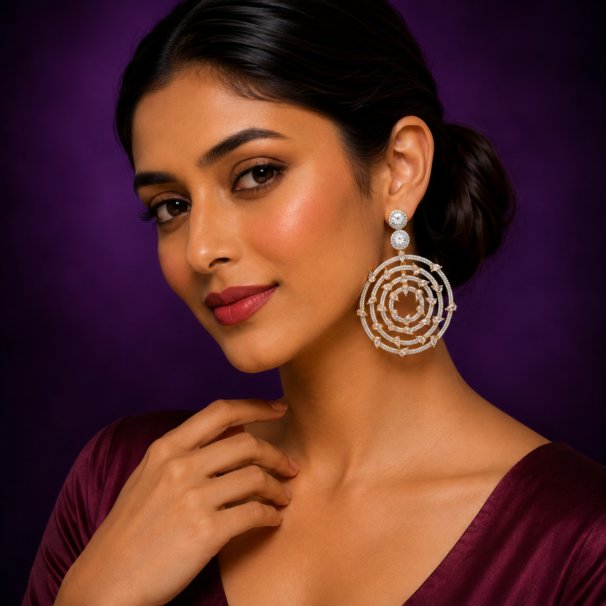 Elegant Round Hoop Drop Earrings with cz stone and Gold Plated