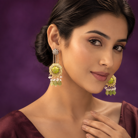 Designer Dual Tone Earrings with Mint Green Crystal and Beaded Drops