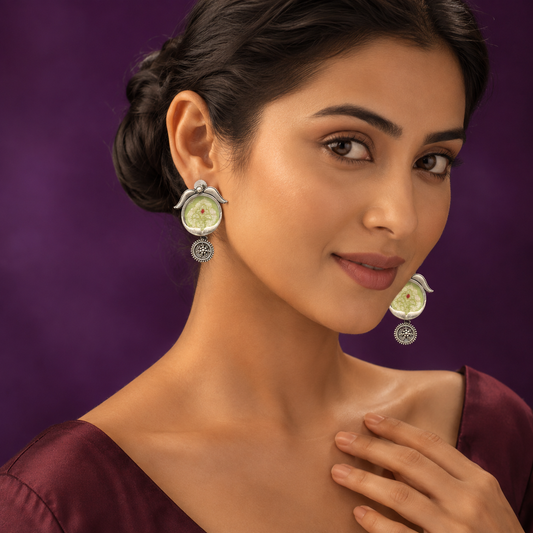 Unique Silver Plated Earrings with Textile Art & Antique Finish