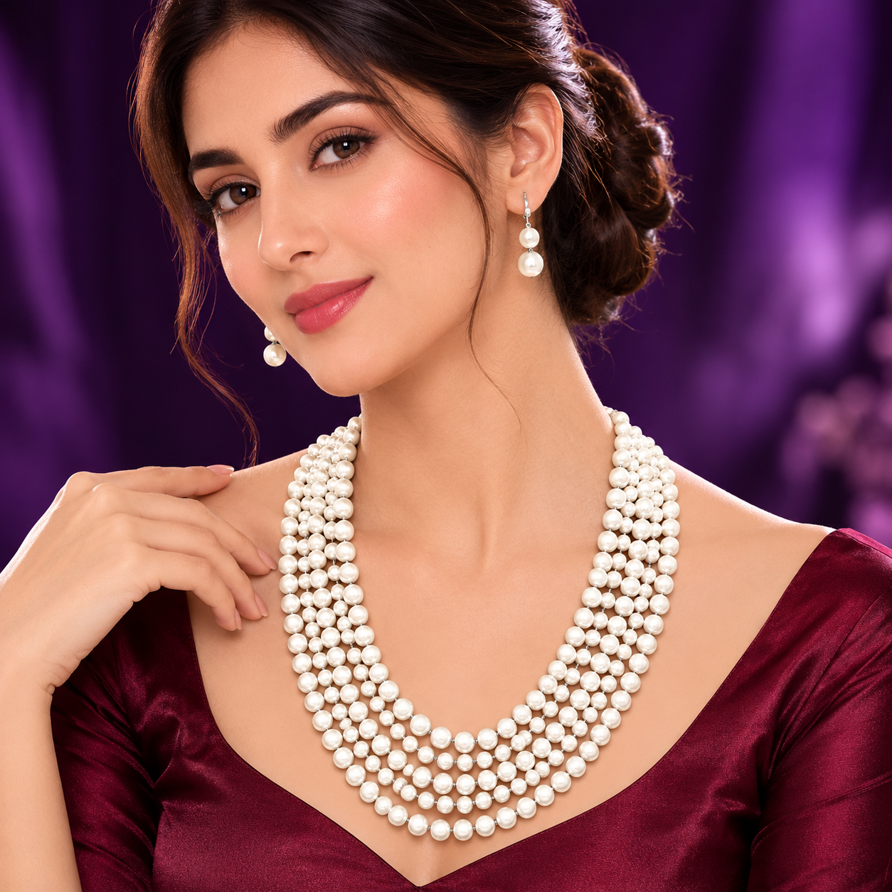 Aliyah five layered pearl mala  for women