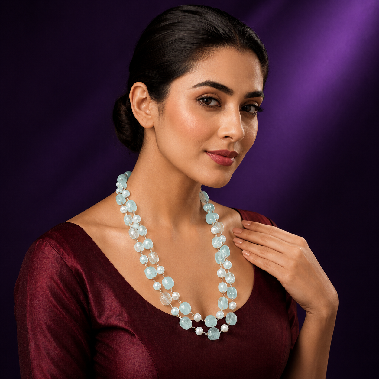 Avika two layered blue and pearl mala for women