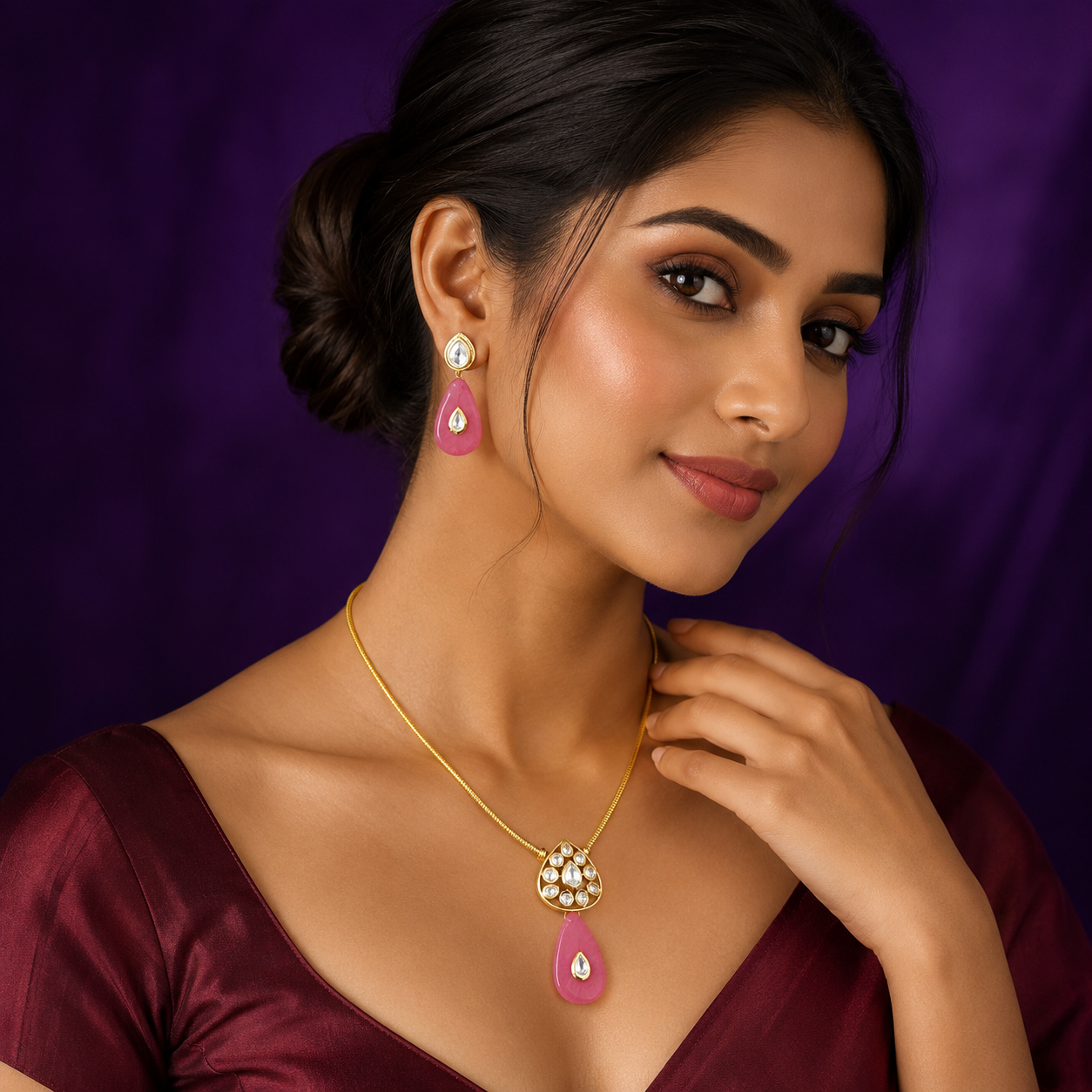Ziva Triangle kundan hasli in Pink for women