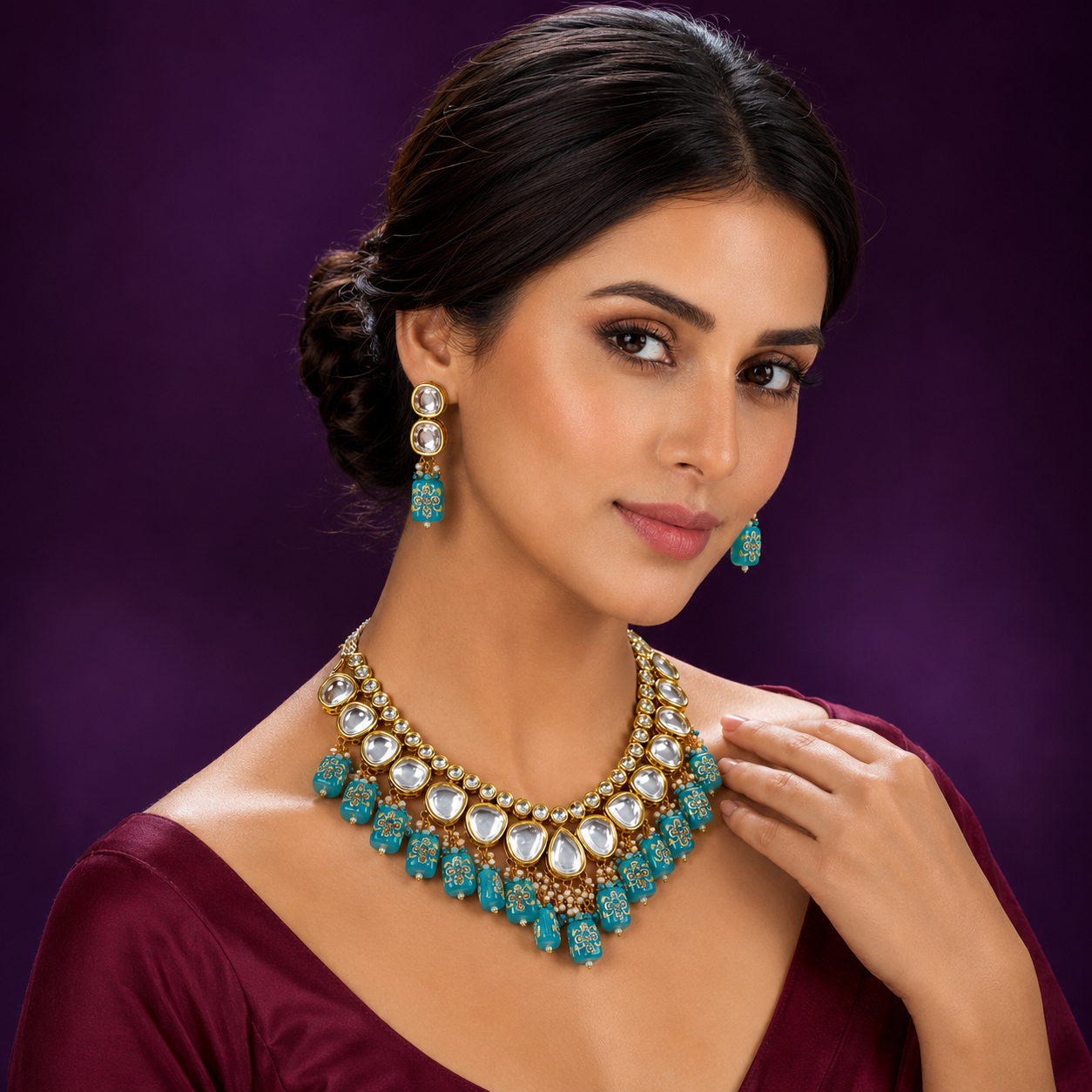 HANDPAINTED FIROZA TUMBLE KUNDAN JAIPURI  NECKLACE