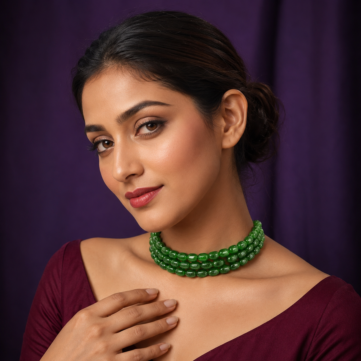 Nilesh Green Triple Layered Mala Choker Necklace In Emerald For Women