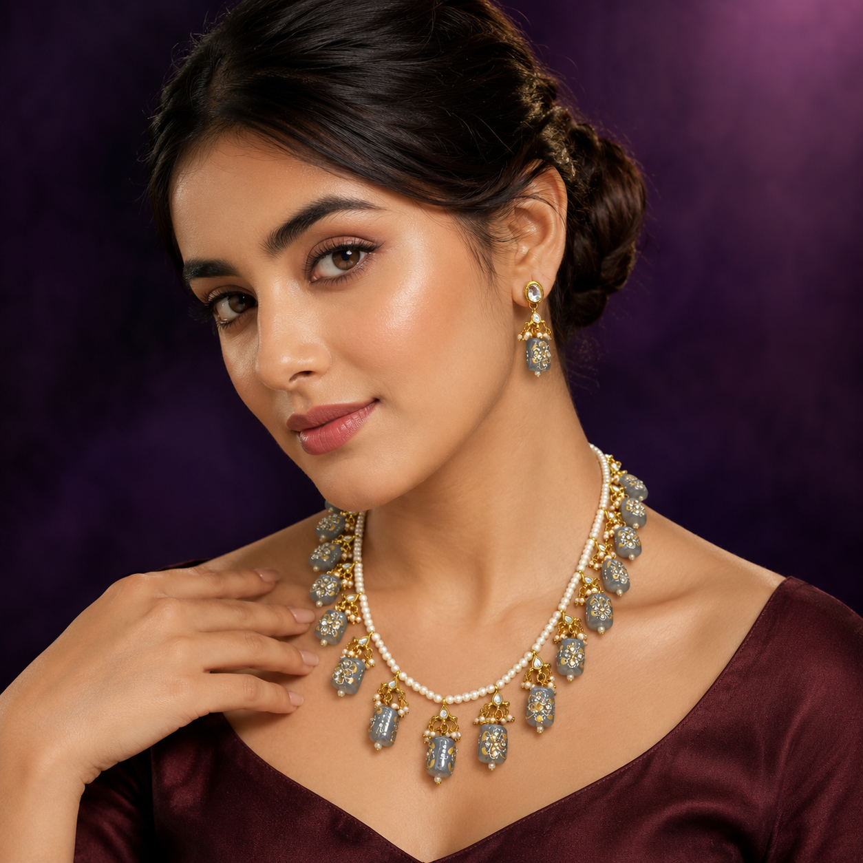 Grey Handpainted Tanjore malas from jaipur for girls and women
