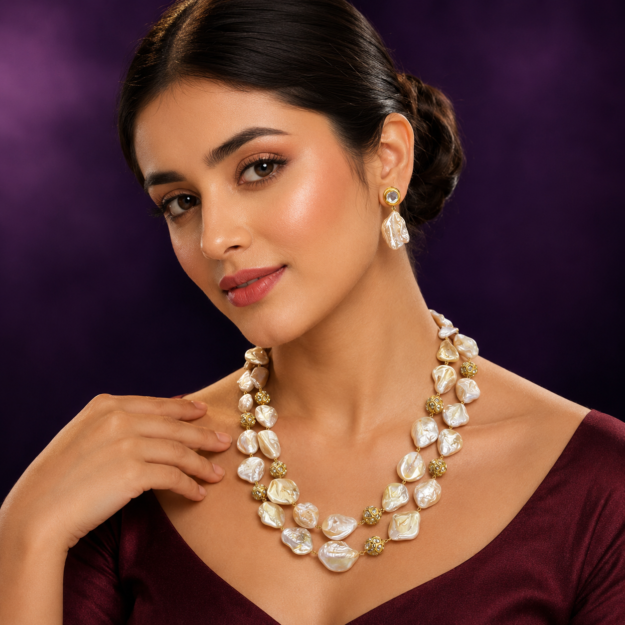 Elegant beige  double layered necklace mala for women