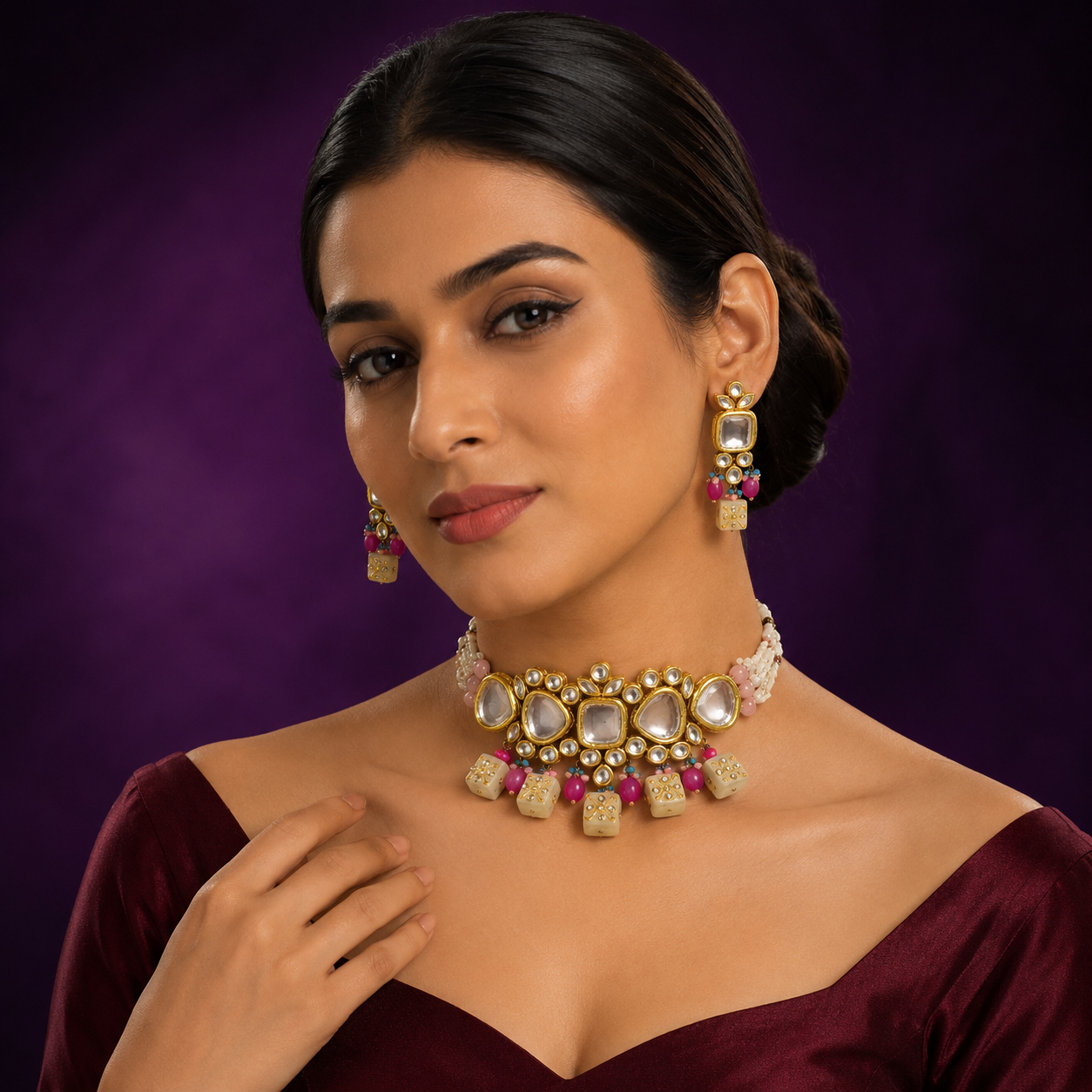 MEENAKARI KUNDAN NECKLACE IN HANDPAINTED TUMBLES