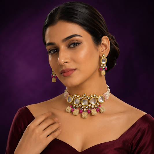 MEENAKARI KUNDAN NECKLACE IN HANDPAINTED TUMBLES