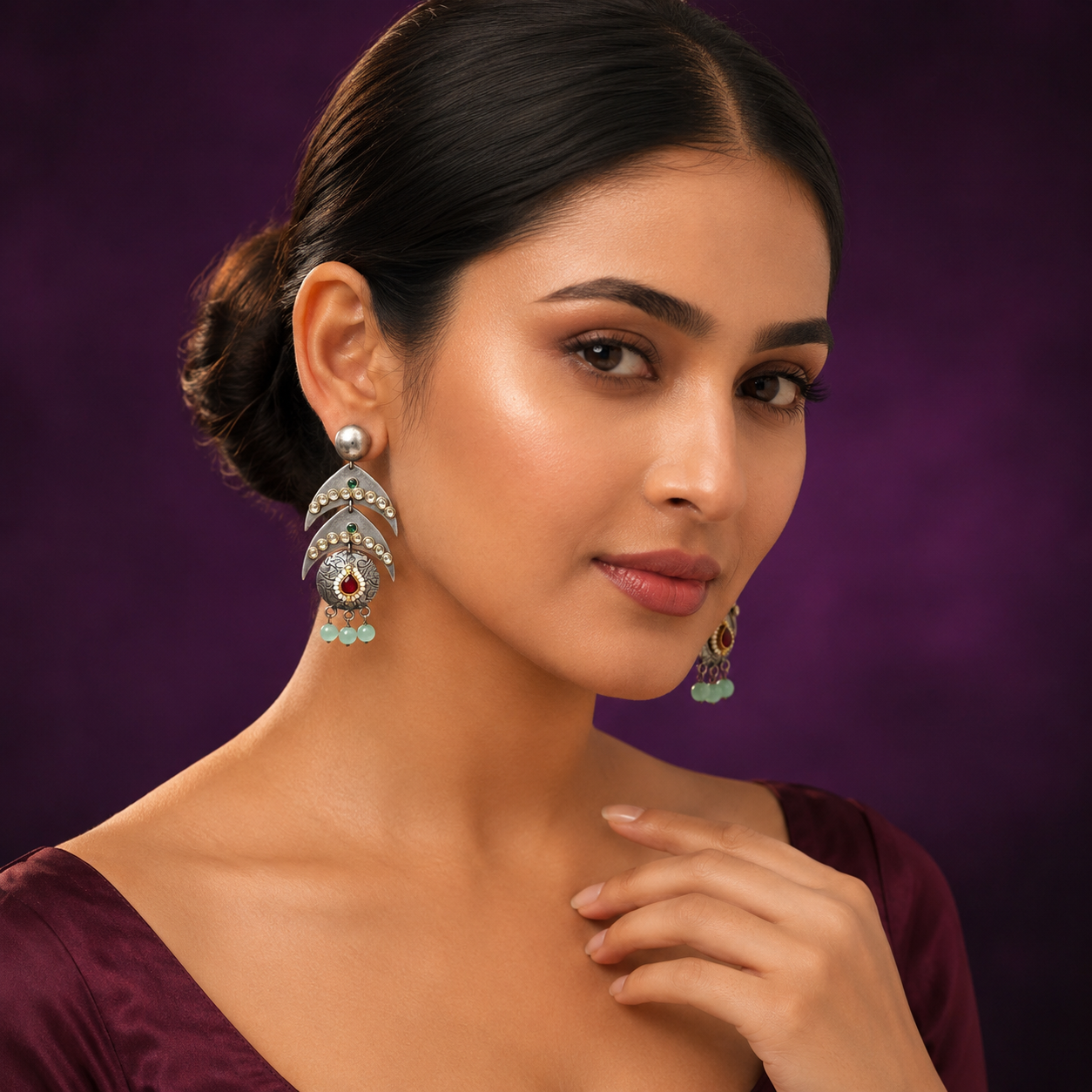 Yashika Silver Look Alike Earings In Emerald And Water Drops For Women