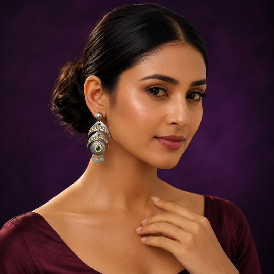 Yashika Silver Look Alike Earings In Emerald Kundan And Water Drops For Women