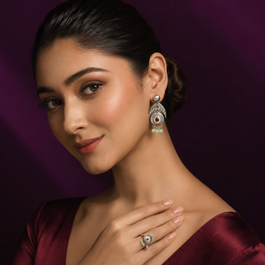 Yashika Silver Look Alike Earings In Ruby Kundan And Mint Drops For Women