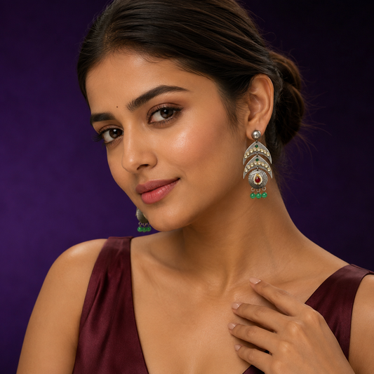 Yashika Silver Look Alike Earings In Ruby Kundan And Green Drops For Women