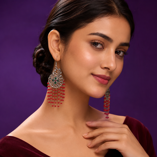 Menika Silver Look Alike Earings In Red For Women