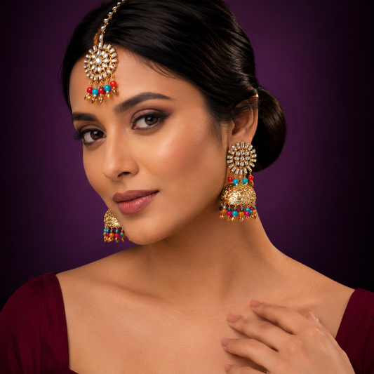 Aagya  Kundan Mangtika And Earings In Multi Color  For Women