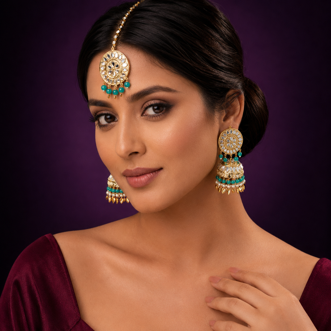 Aagya Kundan Mangtika And Earings In Turquoise For Women