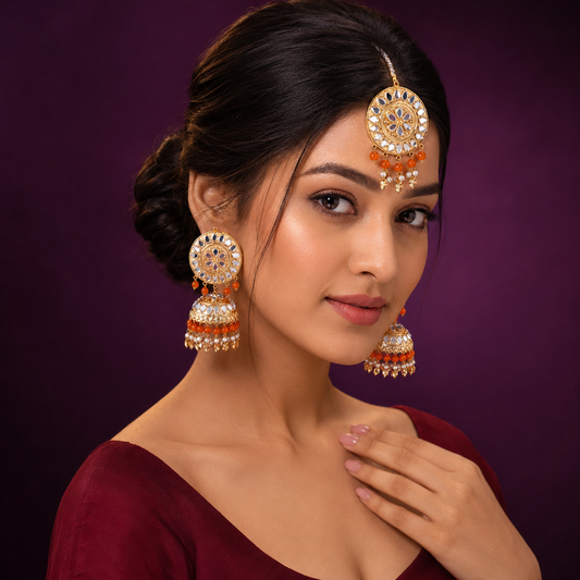 Aagya Kundan Mangtika And Earings In Orange For Women