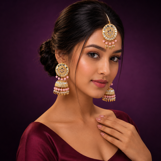 Aagya Kundan Mangtika And Earings In Pink For Women