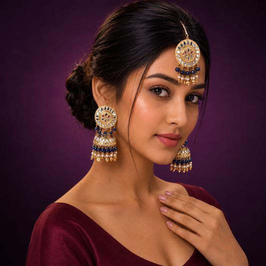 Aagya Kundan Mangtika And Earings In Blue For Women