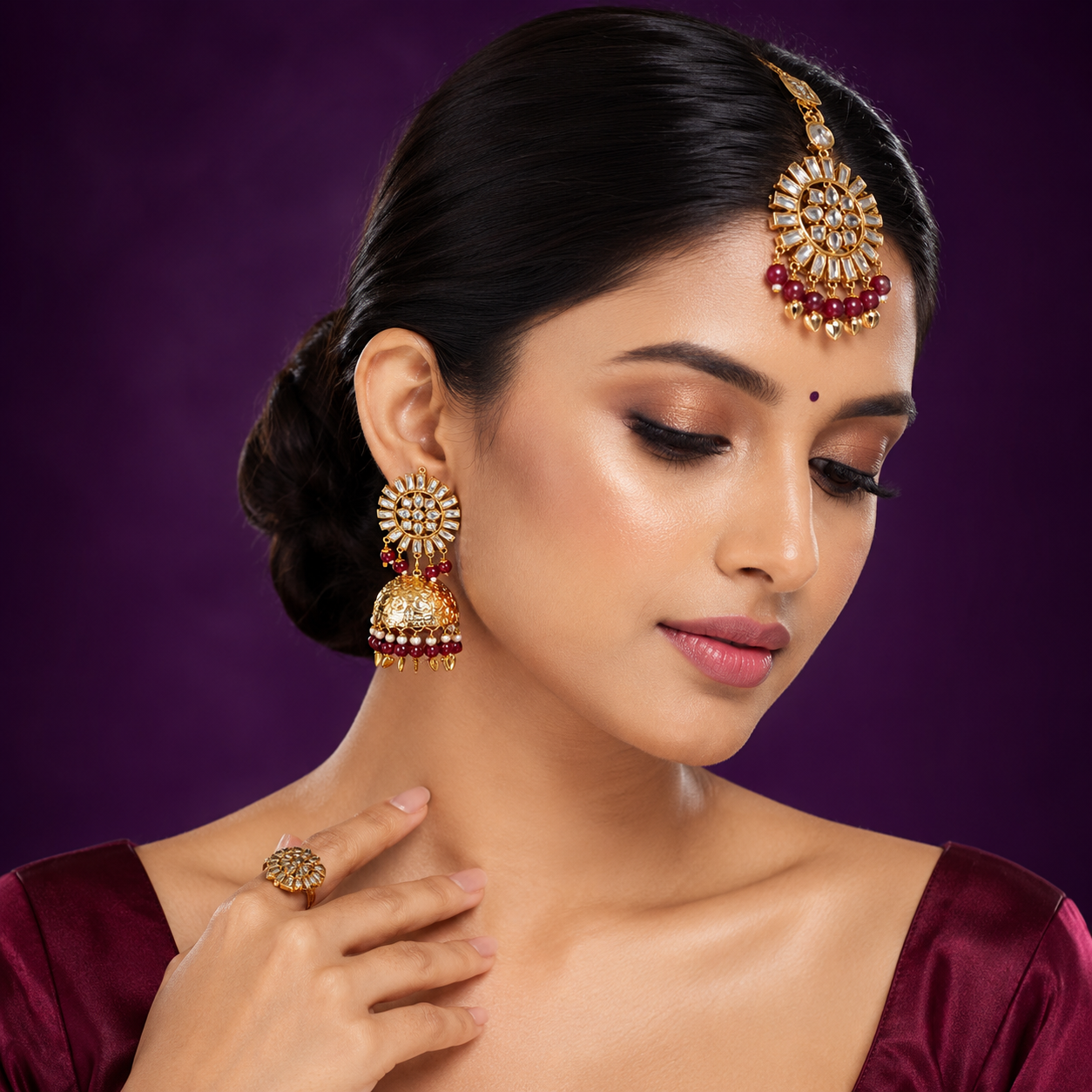 Aagya Kundan Mangtika And Earings In Maroon For Women