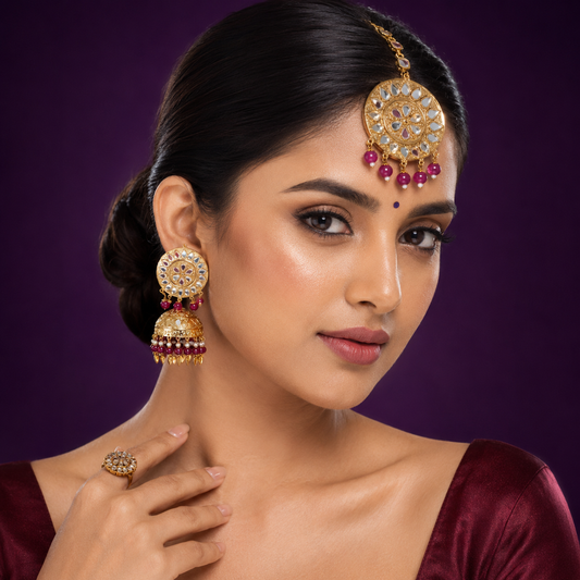 Aagya Kundan Mangtika And Earings In Ruby  For Women