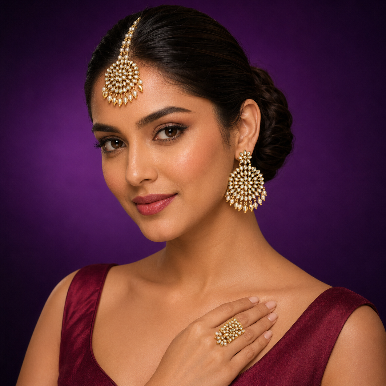 Manjeet Punjabi kundan Mnagtika And Earings In Golden  For Women