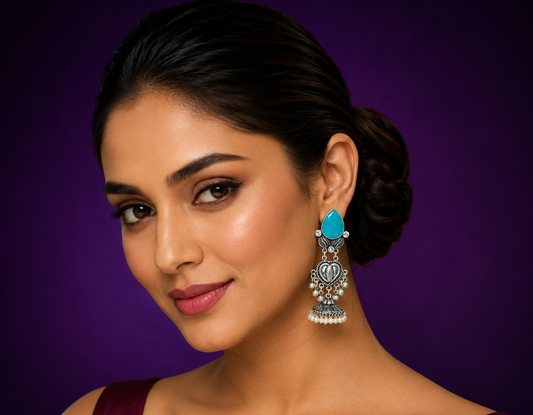 Simar Siver Look Alike Earings In Turquoise Carved Stone For Women
