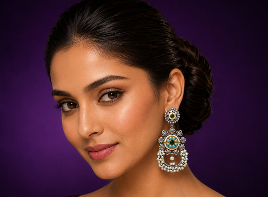 Savi Silver Look Alike Beaded Kundan Earings In Turquoise For Women