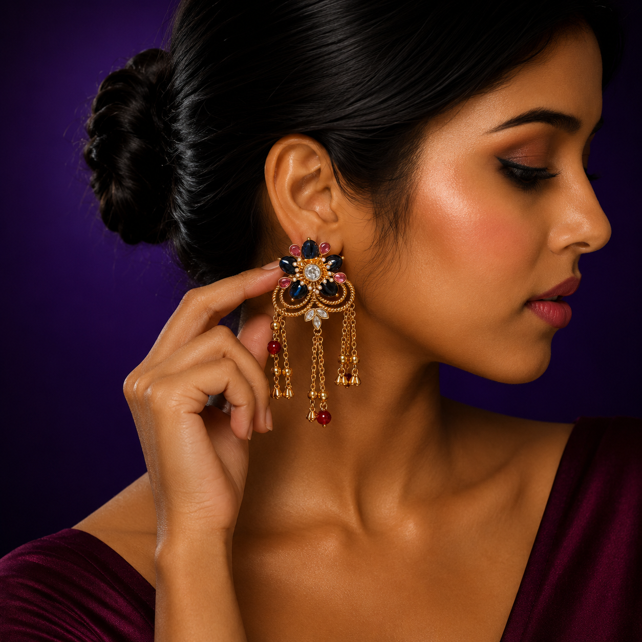 Flower With Hanging Chain With Beads Earring for woman