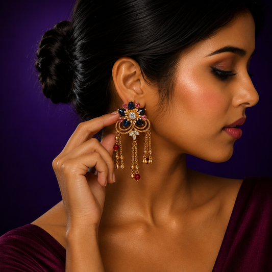 Flower With Hanging Chain With Beads Earring for woman