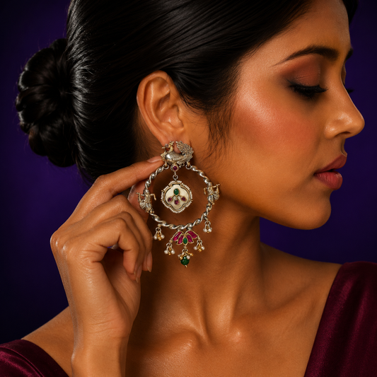 Lotus With Bird Silver Earring for woman
