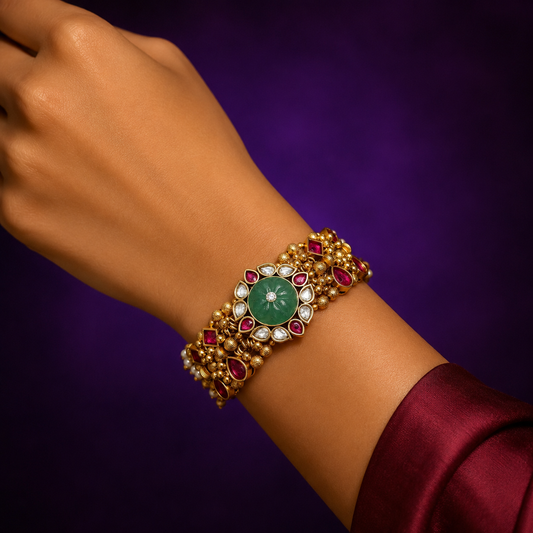Carved Stone With Golden Rajwadi Bracelet for woman