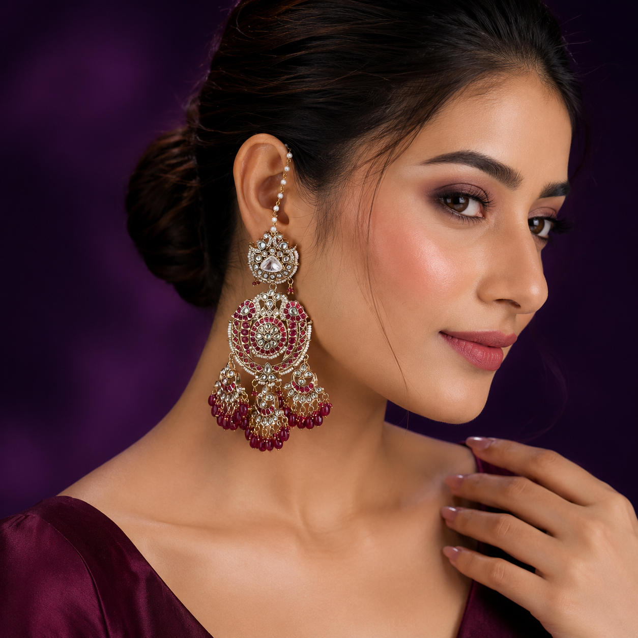 Chandbalis With Pracious Beading With Kaanchin  in maroon for woman