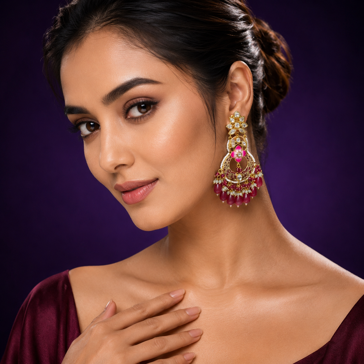Meenakri Enamelling With Polki Earring in red for woman