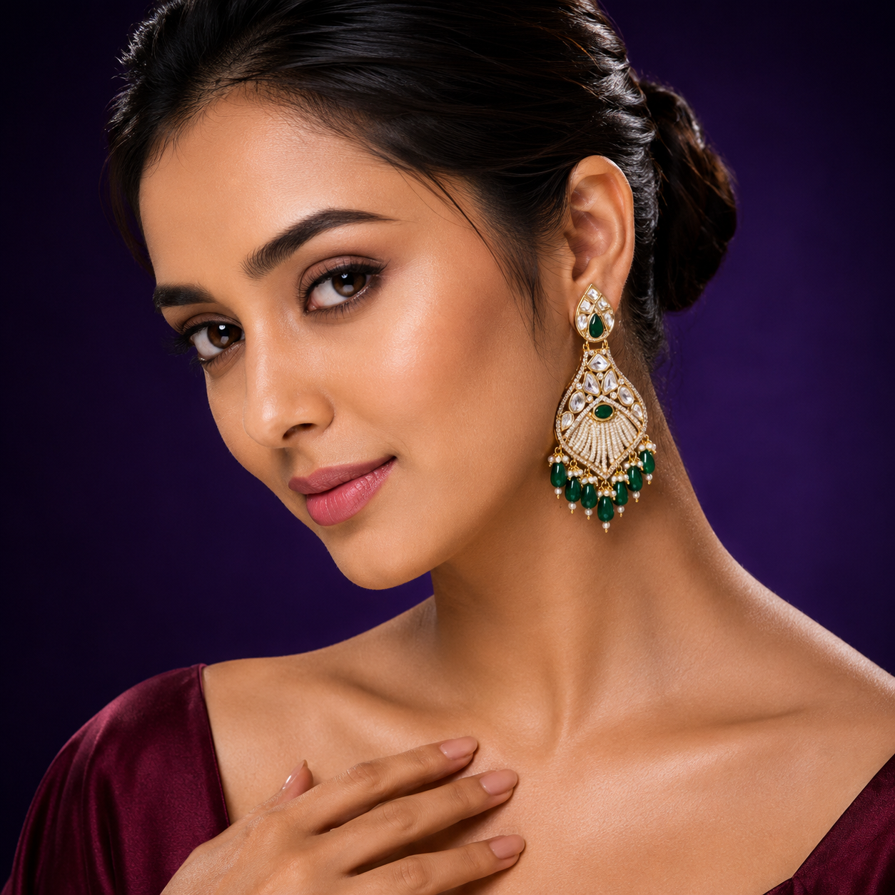 Pearl  Beading With Sunheri Kundan Earring in green for woman
