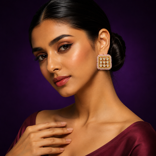 Square Mossanite With Beading Studs in pink for woman