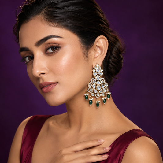Sunheri Kundan With Emerald Beading Earring in green for woman