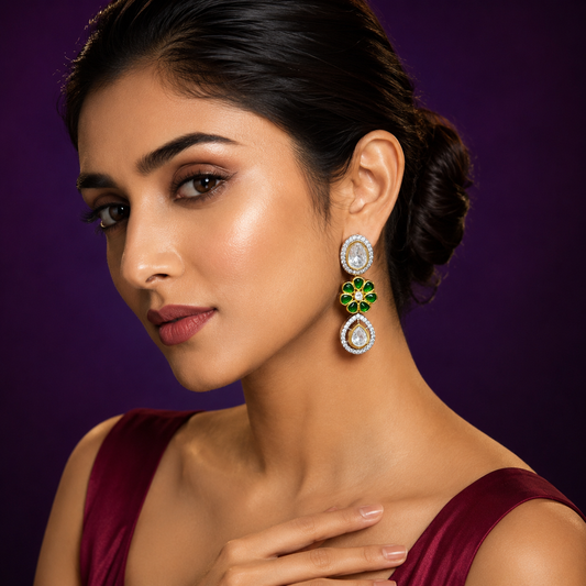 Polki With Side CZ Kundan Earrings in green for woman