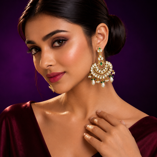 Pota Stones With Kundan Earring in green for woman